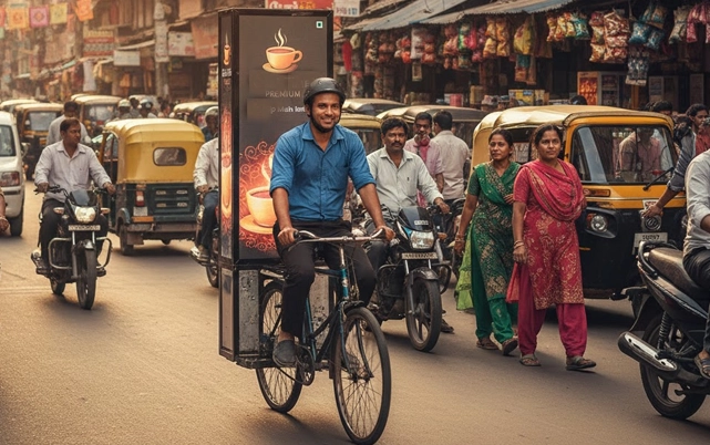 Creative chai cycle advertising service in Pondicherry for local brand promotion and outdoor marketing.