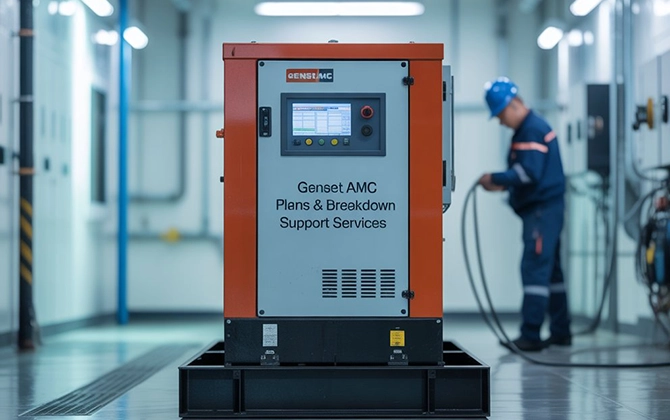 Genset AMC and support equipment setup for generator servicing and breakdown assistance in facility