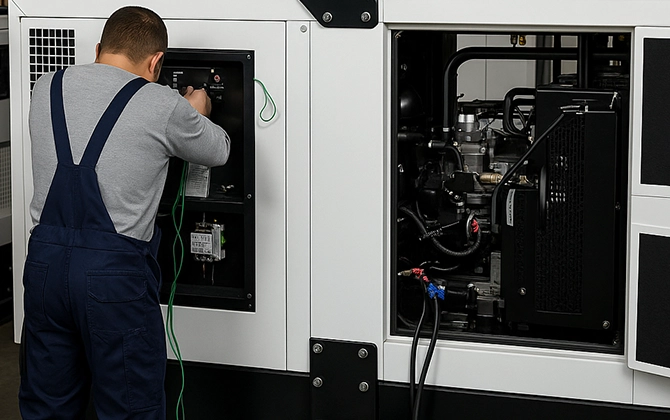 Technician performing diagnostics on a generator panel as part of home and business genset services